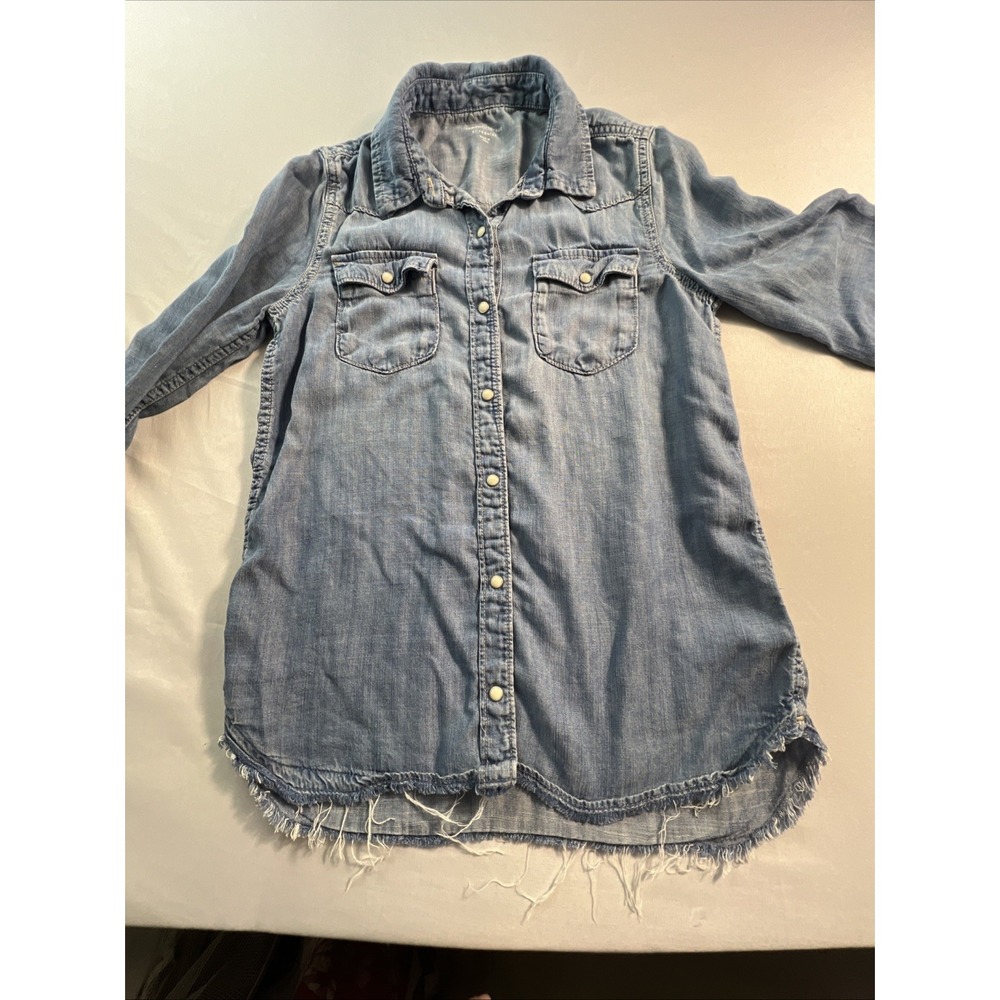 Gap Kids Denim Western Snap Button Shirt XL Distressed Shirt Tail - Picture 10 of 11